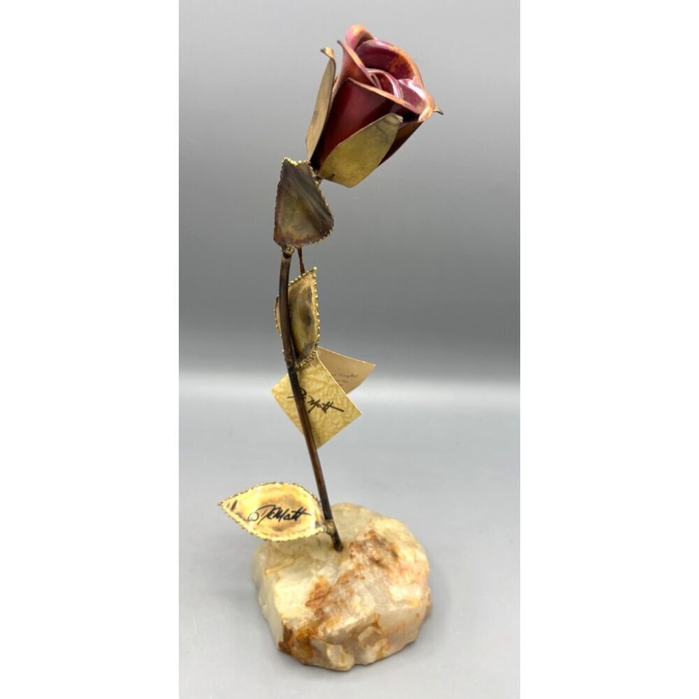 Vtg 70s DeMott Brass Copper Metal Onyx‎ Stone Rose Sculpture  Art Decor
